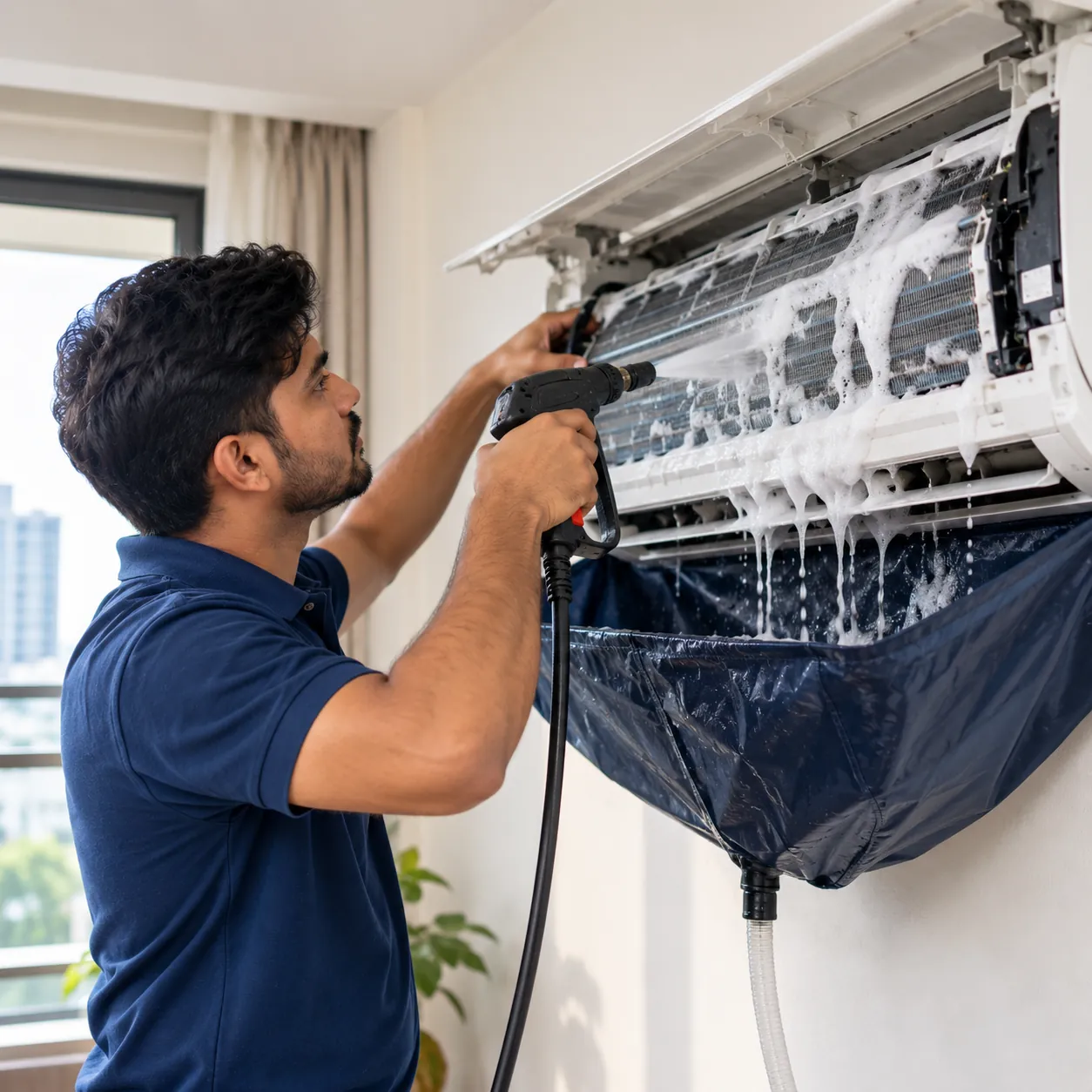 Technician cleaning an indoor AC unit with a water jet