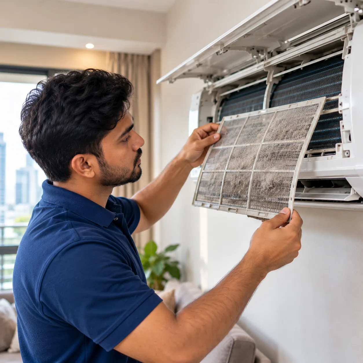 Technician inspecting a dusty AC filter