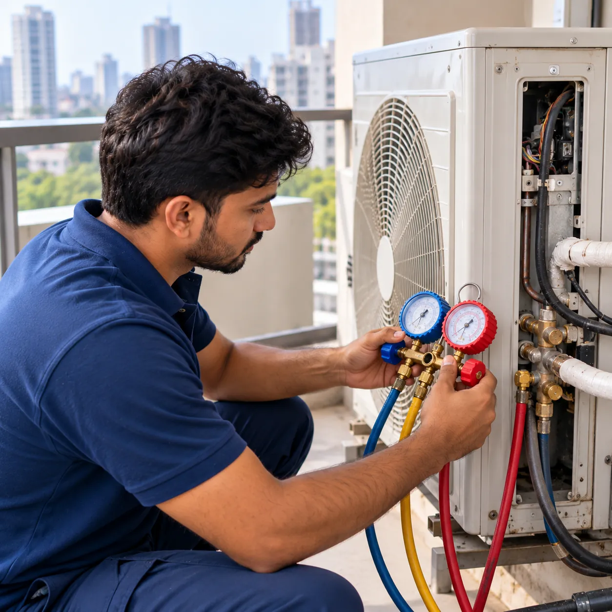 Technician using a gauge manifold on an outdoor unit