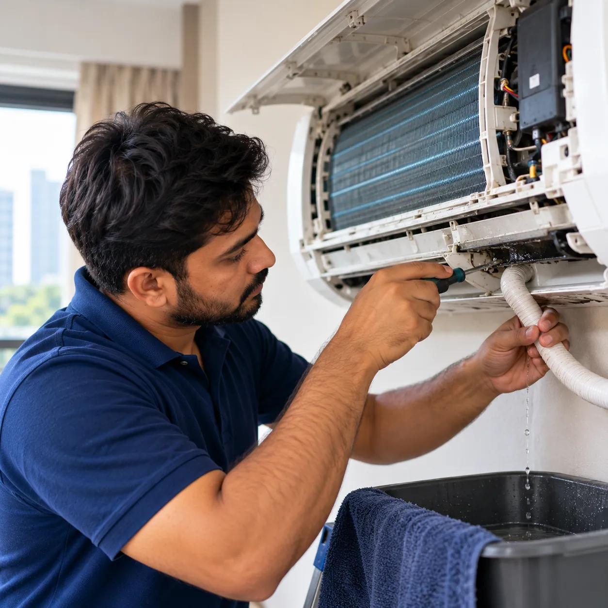 Technician checking the drain pipe of a split AC for water leakage