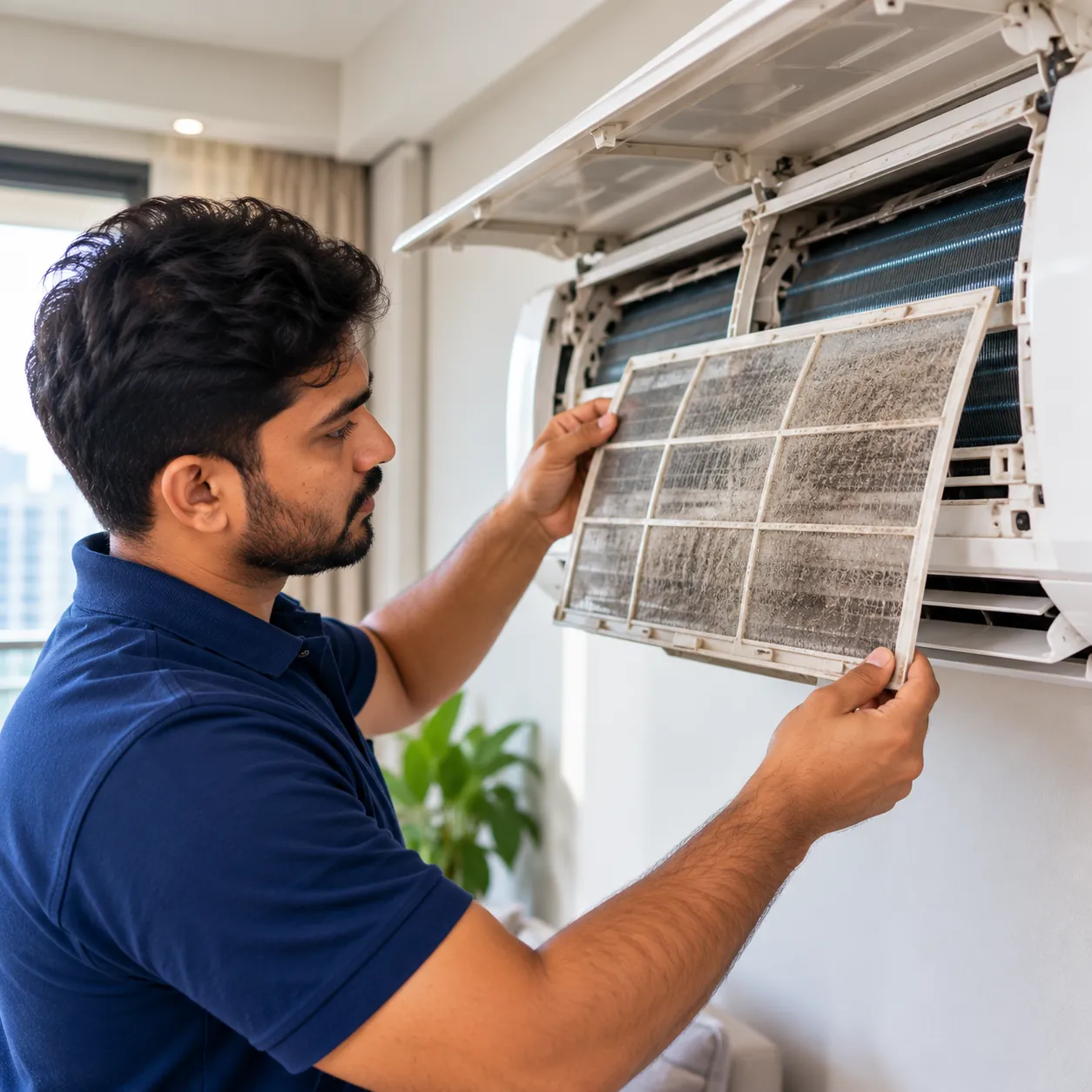 Technician removing a dusty filter from an indoor AC unit