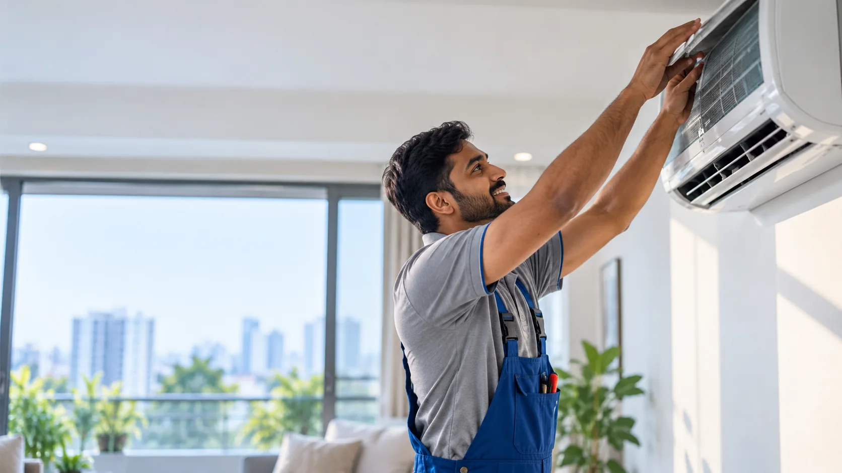 Technician fitting a split AC high on a living room wall